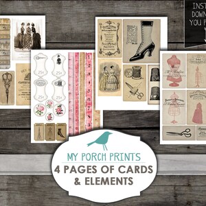 Pode incluir: Quatro p&aacute;ginas de cart&otilde;es e elementos imprim&iacute;veis em estilo vintage com temas de costura e moda. Os cart&otilde;es incluem imagens de mulheres com roupas vintage, ferramentas de costura e texto como "Cloturie" e "25&cent;".