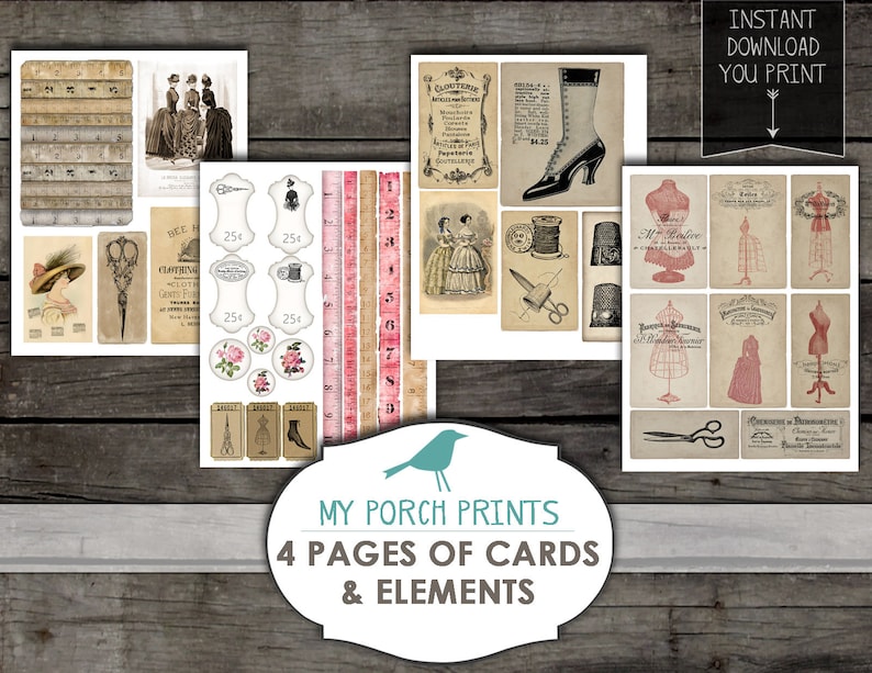 Pode incluir: Quatro p&aacute;ginas de cart&otilde;es e elementos imprim&iacute;veis em estilo vintage com temas de costura e moda. Os cart&otilde;es incluem imagens de mulheres com roupas vintage, ferramentas de costura e texto como "Cloturie" e "25&cent;".