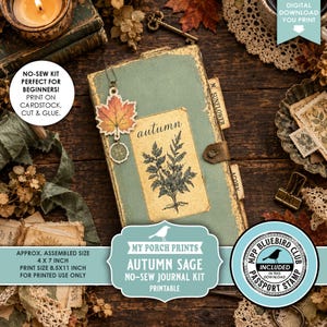 Autumn Sage No-Sew Junk Journal Kit, Gift Idea Beginner Easy No Sewing Fall Pumpkin November My Porch Prints Printable Digital Download