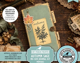 Autumn Sage No-Sew Junk Journal Kit, Gift Idea Beginner Easy No Sewing Fall Pumpkin November My Porch Prints Printable Digital Download