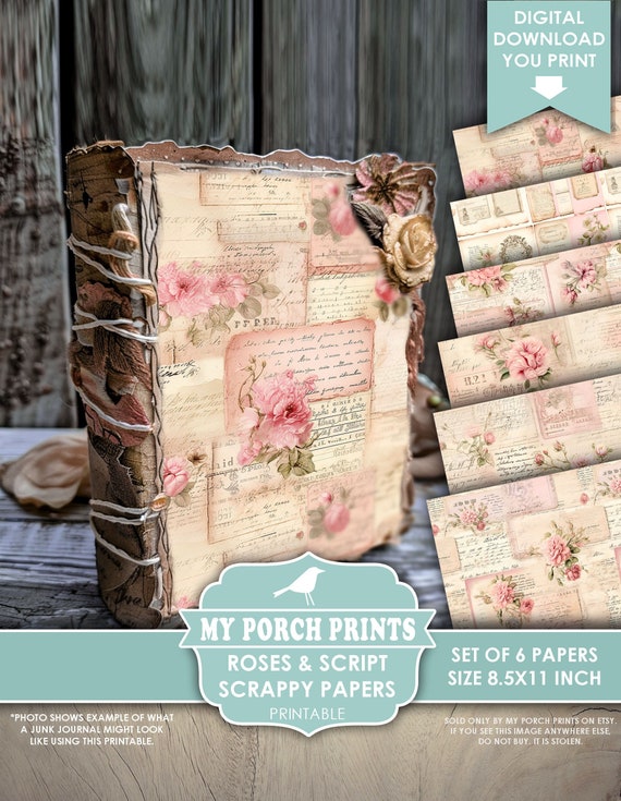 Roses And Script Scrappy Papers, Junk Journal, Pages, Floral, Vintage, Shabby, Backing, Pink, My Porch Prints, Printable, Digital Download