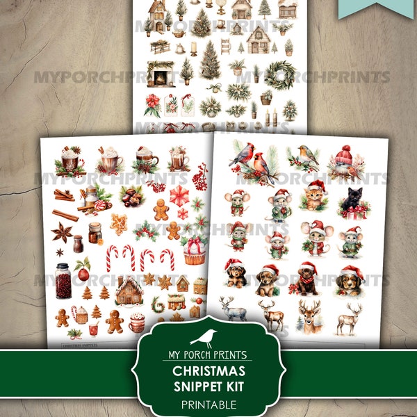 Christmas Snippet Kit, Junk Journal, Snippets, Roll, Fussy Cut, Winter, BuJo, Cricut, Planner, Printable, My Porch Prints, Digital Download