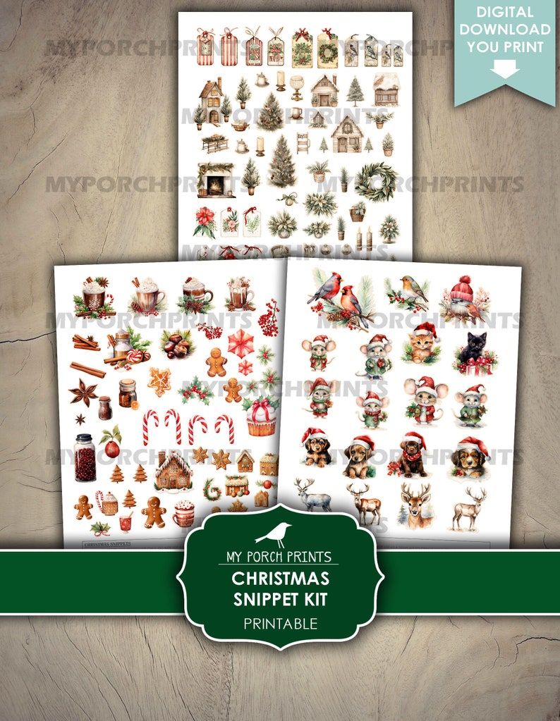 Pu&ograve; includere: Clipart digitale di Natale stampabile con una variet&agrave; di immagini, tra cui personaggi di pan di zenzero, case, tazze, bastoncini di zucchero, cardinali, topi, gatti, cani e renne. Le immagini sono in stile acquerello e sono perfette per aggiungere un tocco festivo ai tuoi lavoretti e progetti.