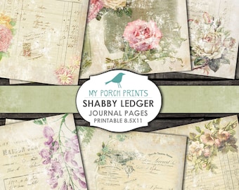 Shabby Ledger Journal Pages, Collage Sheet, Floral, Flowers, Book, Vintage, Junk Journal Kit, Collage, Digital Download, Printable Paper