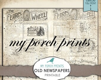 Junk Journal, Old Newspapers, Printable Paper, Newsprint, Digital Kit,  Ephemera, My Porch Prints, Shop, Neutral, Tea Dyed, Vintage, Download 