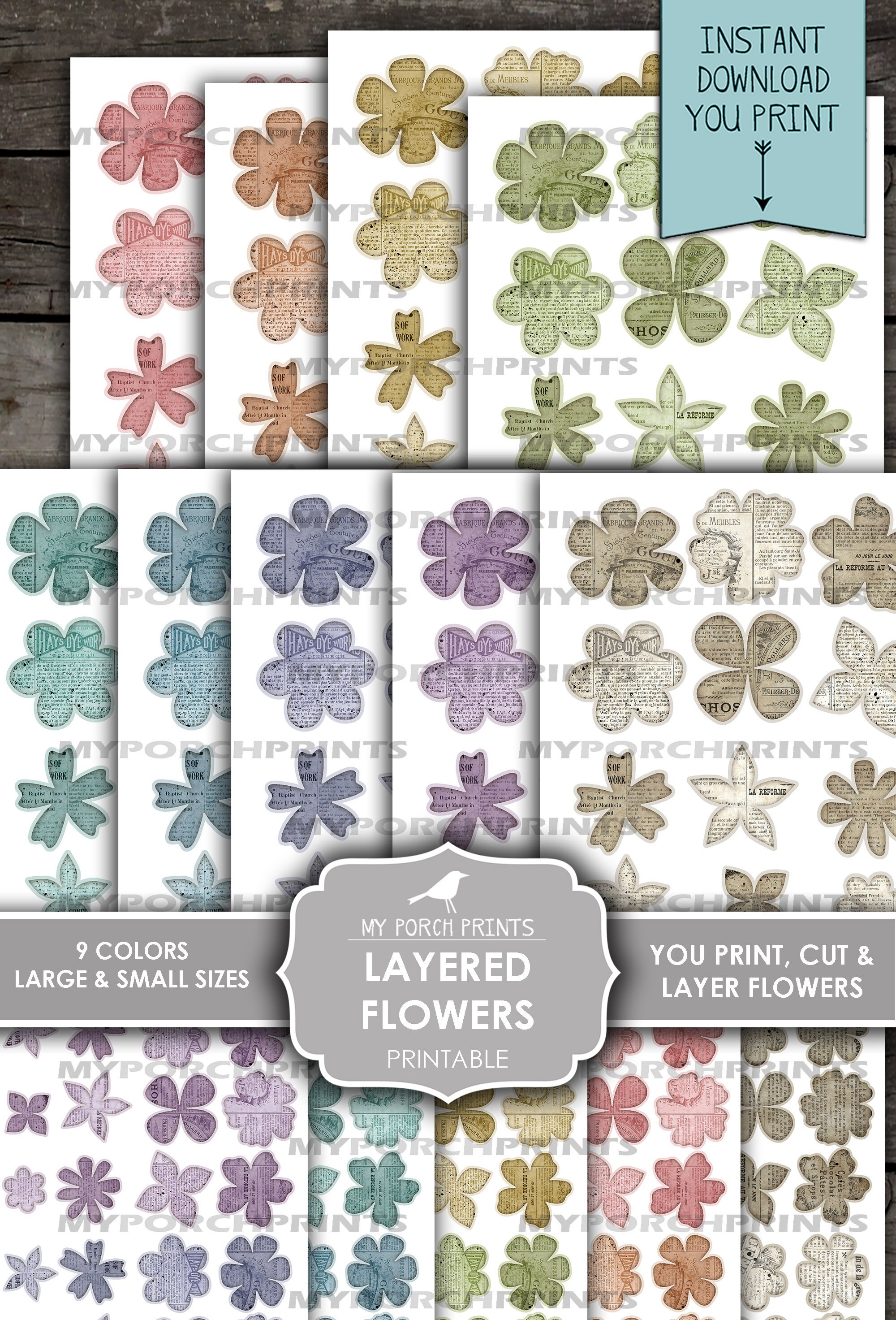 Layered Flowers, Junk Journal, Ephemera, Printable, My Porch Prints ...