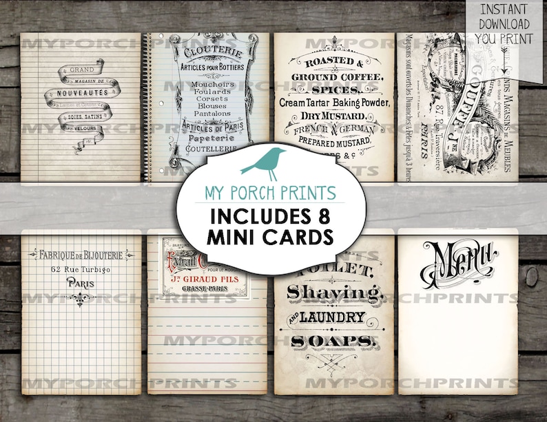 May include: Eight printable vintage-style mini cards featuring various French and English text. The cards are in black and white with a distressed look. The text includes "Grand", "Nouveaut&eacute;s", "Clouterie", "Articles pour Bottiers", "Roasted & Ground Coffee", "Spices", "Cream Tartar Baking Powder", "Dry Mustard", "French & German Prepared Mustard", "Fabrique de Bijouterie", "62 Rue Turbigo", "Paris", "J. Giraud Fils", "Grasse Paris", "Toilet", "Shaving", "Laundry Soaps", and "Menu".