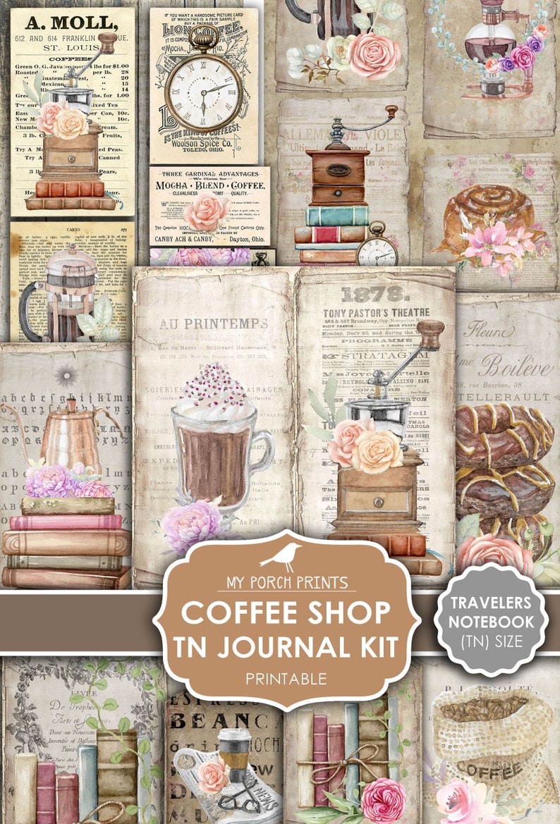 Op de afbeelding: Een printbaar digitaal papierpakket voor een reisdagboek met een koffieshop-thema. Het pakket bevat afbeeldingen van koffiemolens, koffiebekers, boeken en andere vintage-ge&iuml;nspireerde elementen. De afbeeldingen zijn in aquarelstijl met een zacht, gedempt kleurenpalet.