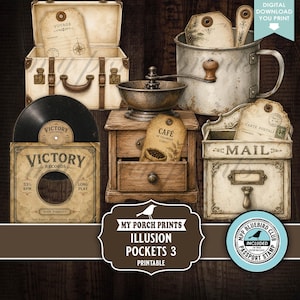 May include: A digital collection of vintage-style illustrations featuring an open suitcase, a metal mug with tags, a vinyl record in a Victory Records sleeve, a wooden coffee grinder, and a mail organizer box with a Carte Postale tag and text.