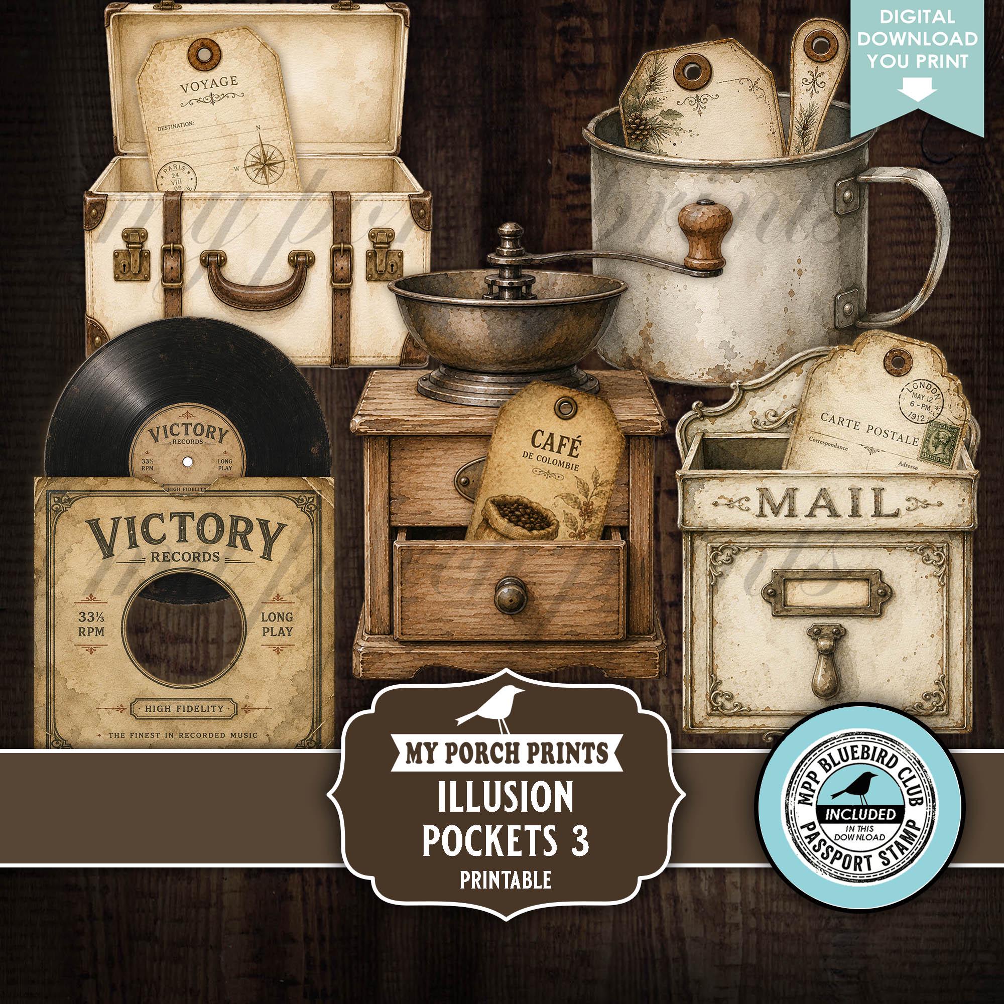 Illusion Pockets 3, Junk Journal Kit Ephemera Tags Industrial Grunge Man Mailbox Vintage Coffee My Porch Prints Printable Digital Download
