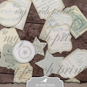 Puede incluir: Un conjunto de etiquetas imprimibles de estilo vintage con texto en franc&eacute;s e ingl&eacute;s. Las etiquetas presentan una variedad de dise&ntilde;os, incluyendo estrellas, c&iacute;rculos y rect&aacute;ngulos. Las etiquetas son perfectas para agregar un toque de encanto vintage a tus manualidades y proyectos.