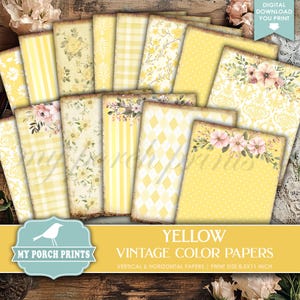 Yellow Vintage Color Papers Junk Journal Vertical and Horizontal Pink Floral Bee Shabby Backing My Porch Prints Printable Digital Download