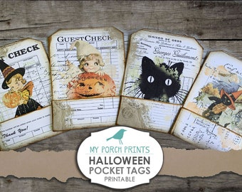 Halloween Pocket Tags, Autumn, Loaded Envelope, Junk Journal Kit, Printable Ephemera, Collage Sheet, Paper, Vintage, Scrapbook, Download