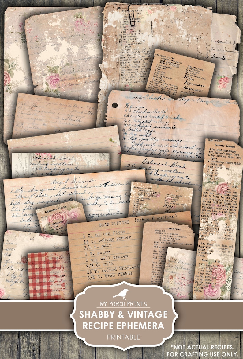Junk Journal Kit, Recipe, Ephemera, Shabby, Vintage, Handwritten, Cards, Book, Mother's Day, My Porch Prints, Digital Download, Printable image 1