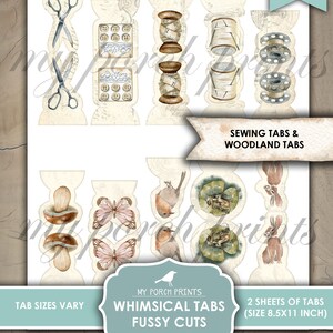 Op de afbeelding: Twee vellen met printbare, grillige tabs met een naai- en een bos-thema. De naaitabs bevatten afbeeldingen van scharen, knopen, spoelen garen en een vingerhoed. De bos-tabs bevatten afbeeldingen van paddenstoelen, vlinders, roodborstjes, kikkers en konijnen. De tabs zijn ontworpen om te worden uitgesneden en zijn 8,5 inch bij 11 inch.