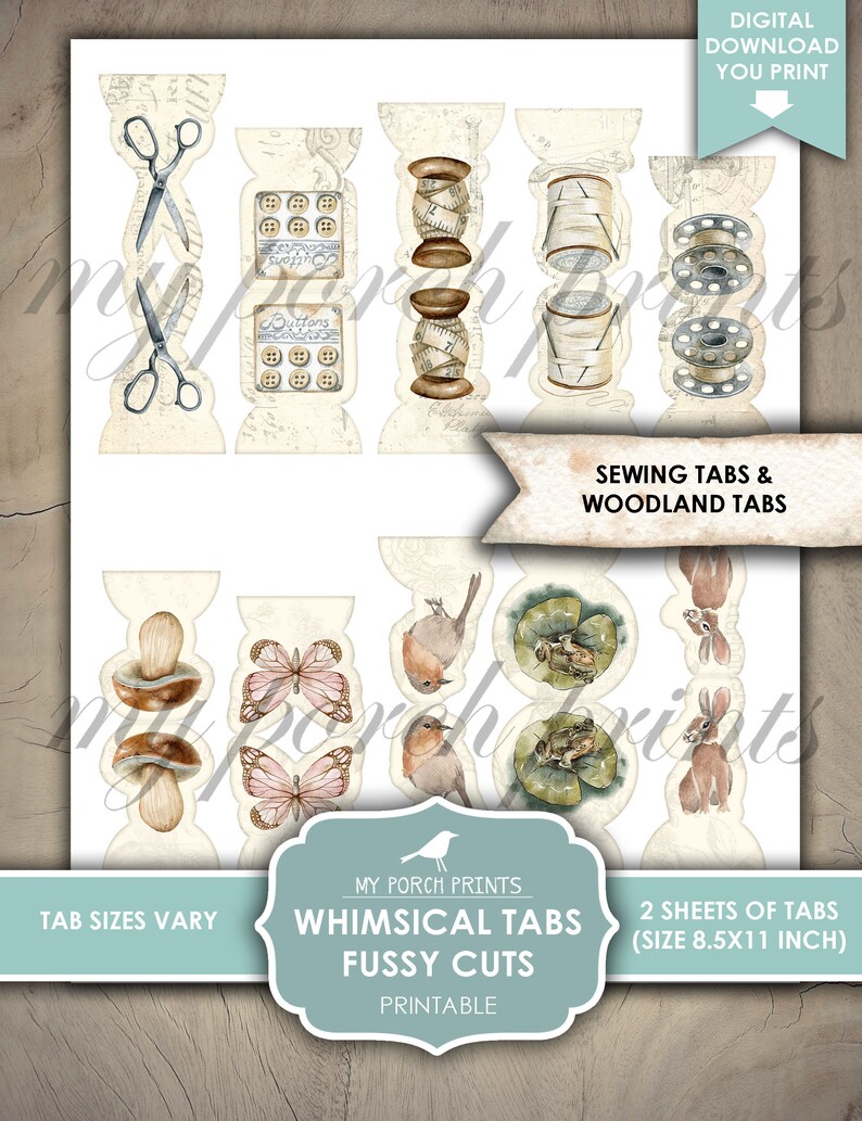Op de afbeelding: Twee vellen met printbare, grillige tabs met een naai- en een bos-thema. De naaitabs bevatten afbeeldingen van scharen, knopen, spoelen garen en een vingerhoed. De bos-tabs bevatten afbeeldingen van paddenstoelen, vlinders, roodborstjes, kikkers en konijnen. De tabs zijn ontworpen om te worden uitgesneden en zijn 8,5 inch bij 11 inch.