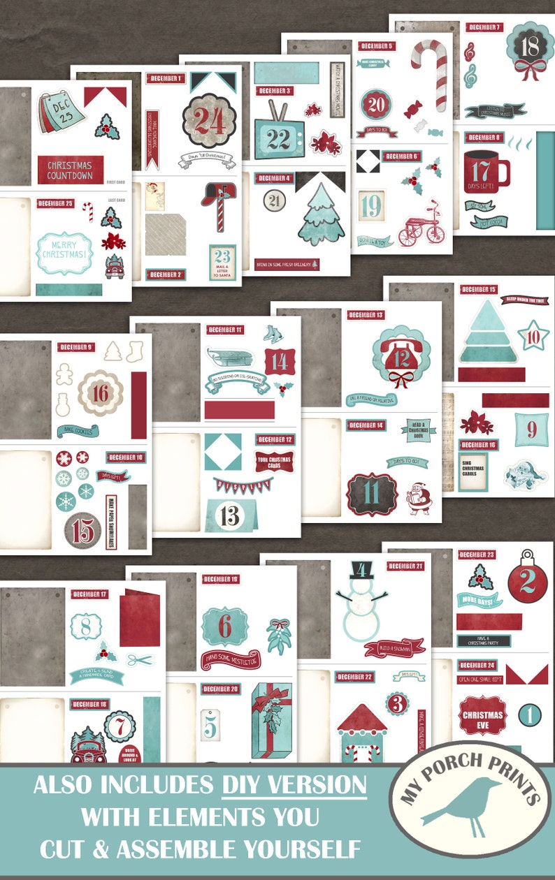 May include: A printable Christmas countdown advent calendar with 25 numbered days, each with a unique illustration and text. The illustrations are in a vintage style with red, blue, and white colors. The text includes phrases like "Merry Christmas!" and "More Days!"