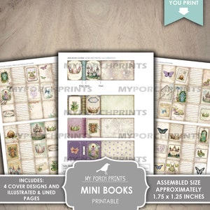 May include: Printable mini book covers featuring four different designs with a fairytale theme. The covers include a castle, a crown, a fairy, and a dragon. The book pages are lined and illustrated. The assembled size of the books is 1.75 x 1.25 inches.