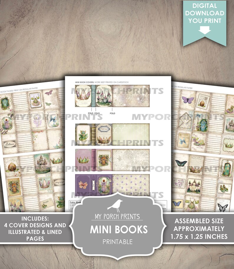 May include: Printable mini book covers featuring four different designs with a fairytale theme. The covers include a castle, a crown, a fairy, and a dragon. The book pages are lined and illustrated. The assembled size of the books is 1.75 x 1.25 inches.