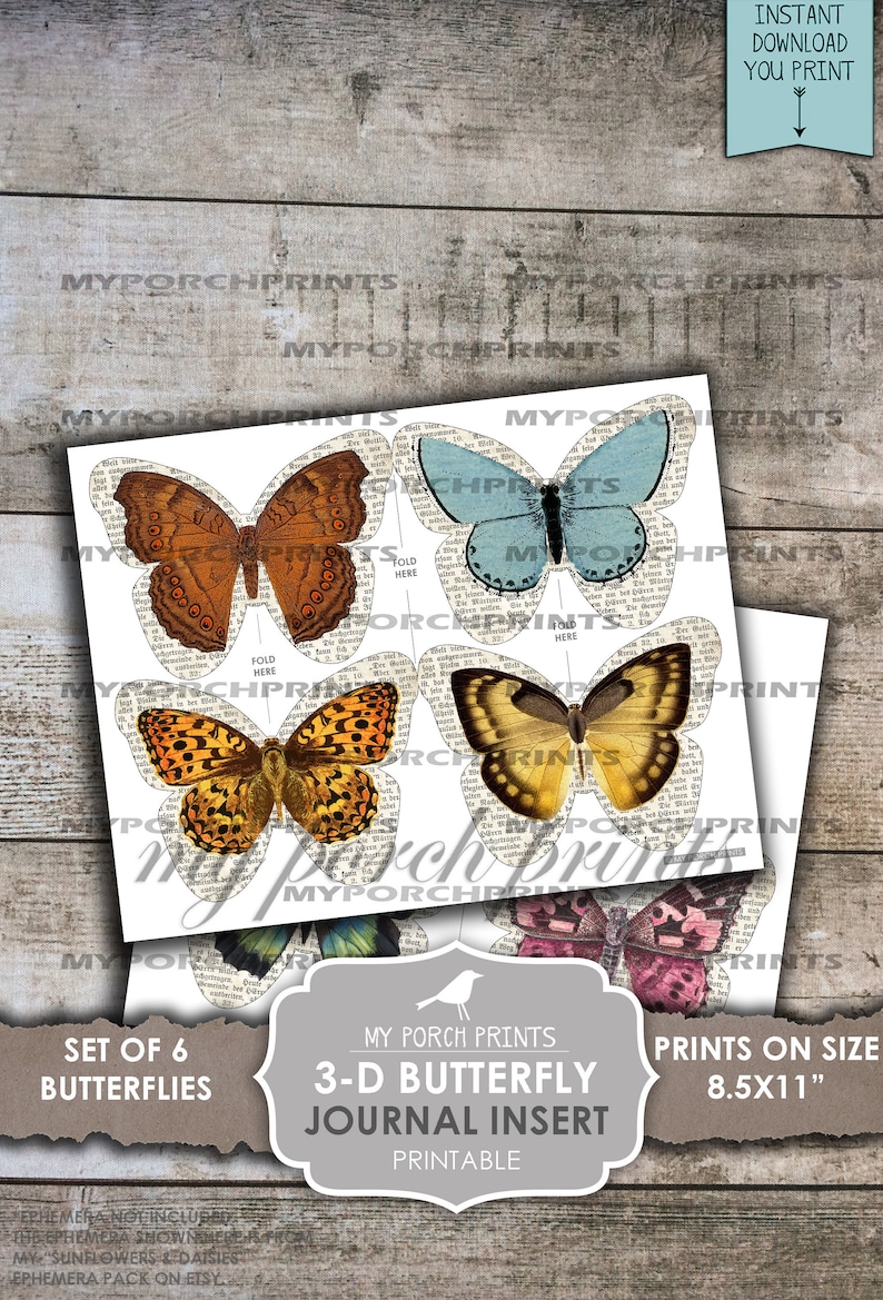 Junk Journal, Insert, 3D, Butterfly, Craft Kit, Book Page, Dimensional, Pop Up, Printable, My Porch Prints, Digi Kit, Digital Download image 3