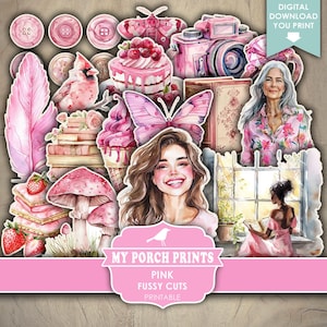 Pink Color FUSSY CUTS, Junk Journal, Cricut, Stickers, Butterfly, Ephemera, Girl, Barbie, Set, My Porch Prints, Printable, Digital Download