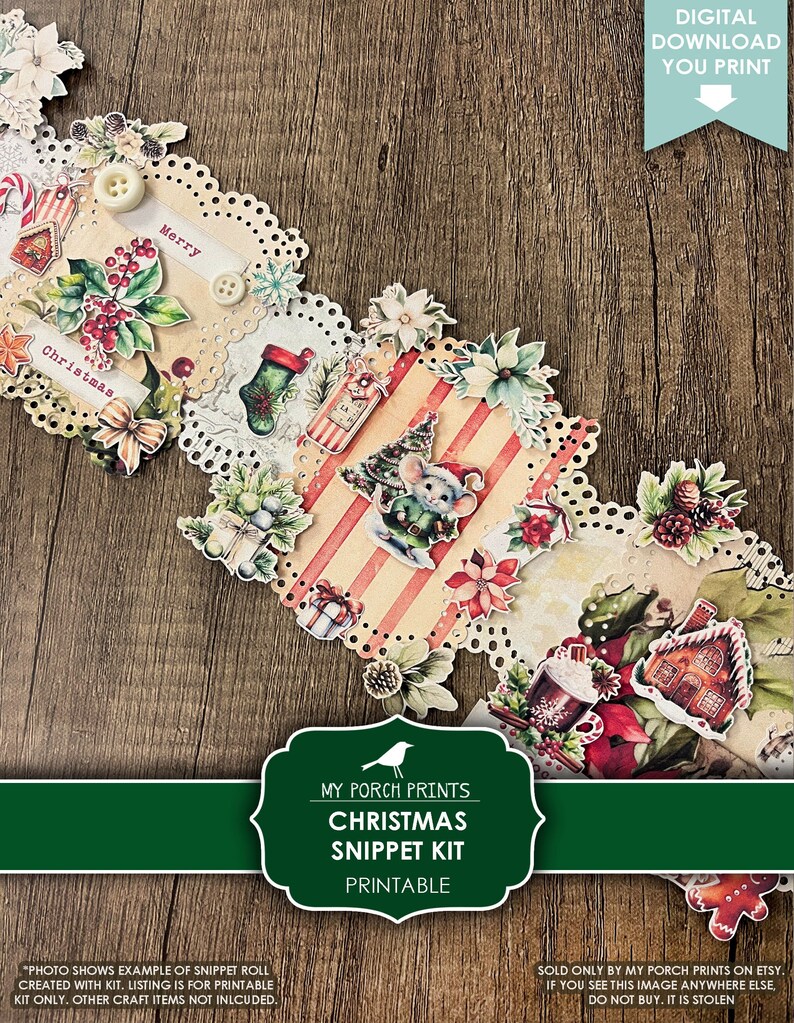 Pu&ograve; includere: Kit di ritagli di Natale stampabile con uno sfondo a strisce rosso e bianco, un albero di Natale, un topo e una casetta di pan di zenzero. Il kit include una variet&agrave; di elementi festivi, come fiocchi di neve, agrifoglio e campane. Il testo "My Porch Prints Christmas Snippet Kit Printable" &egrave; visualizzato su uno stendardo verde.