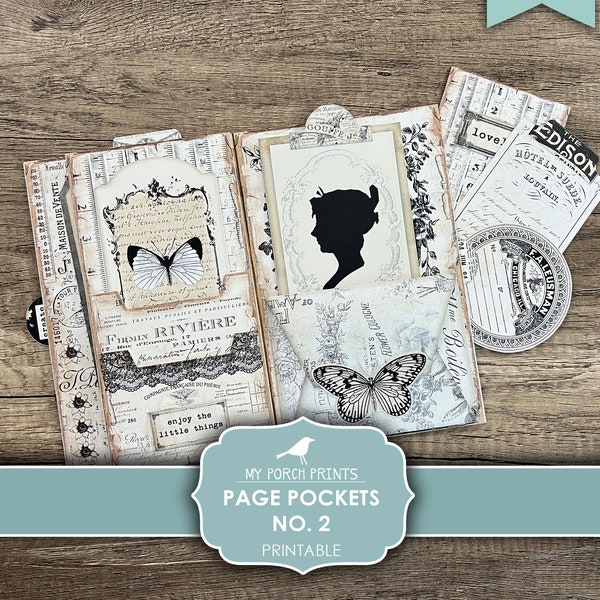 Junk Journal, Page Pockets, No. 2, Folio, Folder, Black and White, Insert, Kit, Vintage, My Porch Prints, Digital, Download, Printable