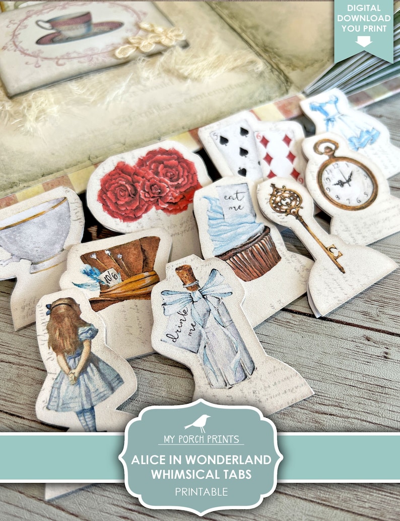 K&ouml;nnte beinhalten: Druckbare Alice im Wunderland-Tabs mit skurrilen Illustrationen wie einer Teetasse, einer Flasche mit einem 'Trink mich'-Etikett, einer Spielkarte, einer Uhr, einem Schl&uuml;ssel, einem Cupcake, einer Rose und Alice selbst.