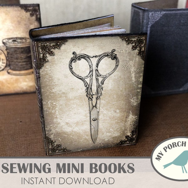Sewing Mini Books, sewing journal, mini album, necklace, scrapbook, printable, vintage, miniature, junk journal kit, embellishment, ornament