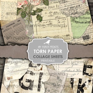May include: A printable digital collage sheet featuring torn paper with vintage text, numbers, and images. The sheet is designed for crafting and scrapbooking projects. The text on the sheet includes "My Porch Prints", "Torn Paper", "Collage Sheets", and "Printable".