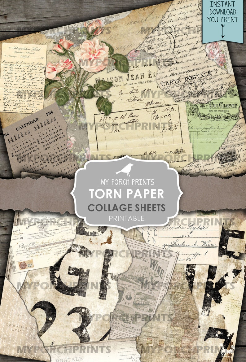 May include: A printable digital collage sheet featuring torn paper with vintage text, numbers, and images. The sheet is designed for crafting and scrapbooking projects. The text on the sheet includes "My Porch Prints", "Torn Paper", "Collage Sheets", and "Printable".