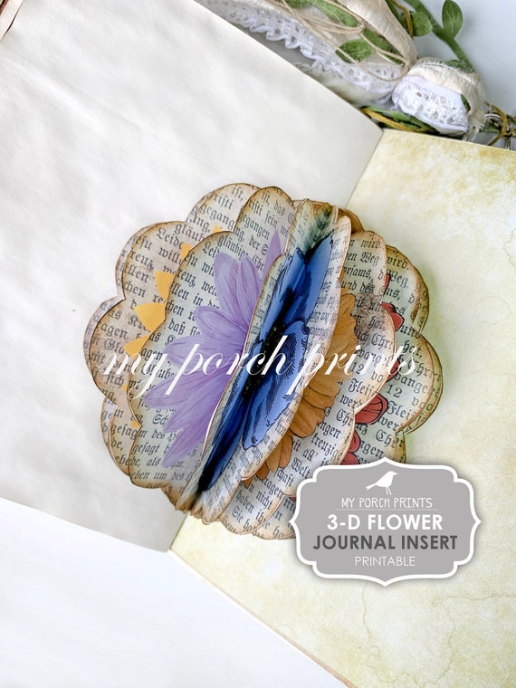 Junk Journal Insert, 3D, Flower, Book Page, Dimensional, Pop Up, Junk Journal Kit, Printable, My Porch Prints, Digi Kit, Digital Download