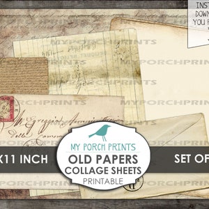 K&ouml;nnte beinhalten: Satz von sechs druckbaren 8,5 x 11 Zoll gro&szlig;en Collage-Bl&auml;ttern mit altem Papier. Die Papiere zeigen handschriftliche Notizen im Vintage-Stil, Briefmarken und andere Details. Die Papiere sind perfekt f&uuml;r Scrapbooking, Kartenherstellung und andere Bastelarbeiten.