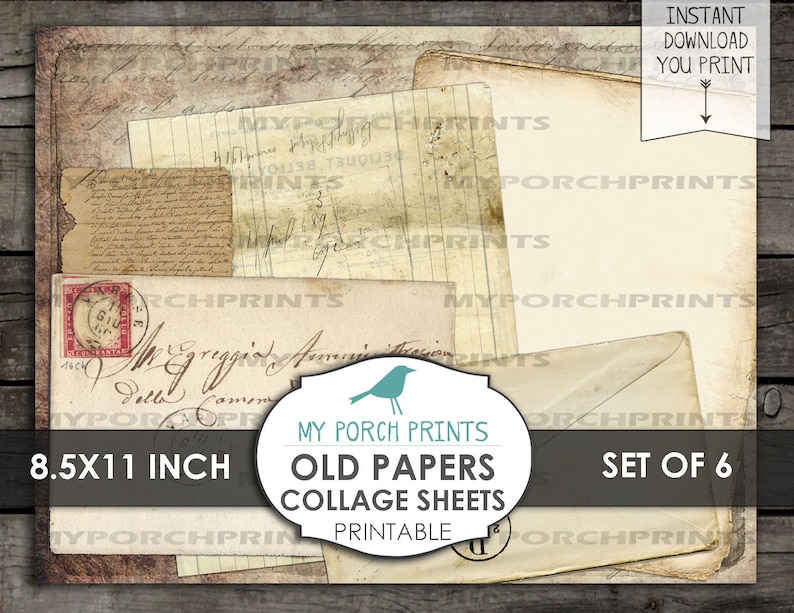 K&ouml;nnte beinhalten: Satz von sechs druckbaren 8,5 x 11 Zoll gro&szlig;en Collage-Bl&auml;ttern mit altem Papier. Die Papiere zeigen handschriftliche Notizen im Vintage-Stil, Briefmarken und andere Details. Die Papiere sind perfekt f&uuml;r Scrapbooking, Kartenherstellung und andere Bastelarbeiten.