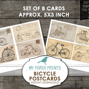 May include: Set of eight printable vintage bicycle postcards, each featuring a different bicycle design. The postcards are approximately 5 inches by 3 inches.