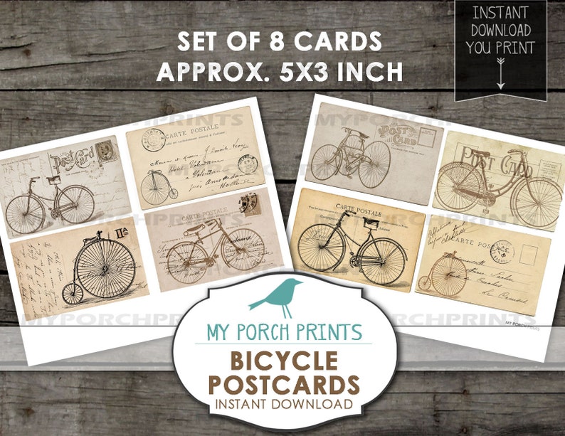 May include: Set of eight printable vintage bicycle postcards, each featuring a different bicycle design. The postcards are approximately 5 inches by 3 inches.
