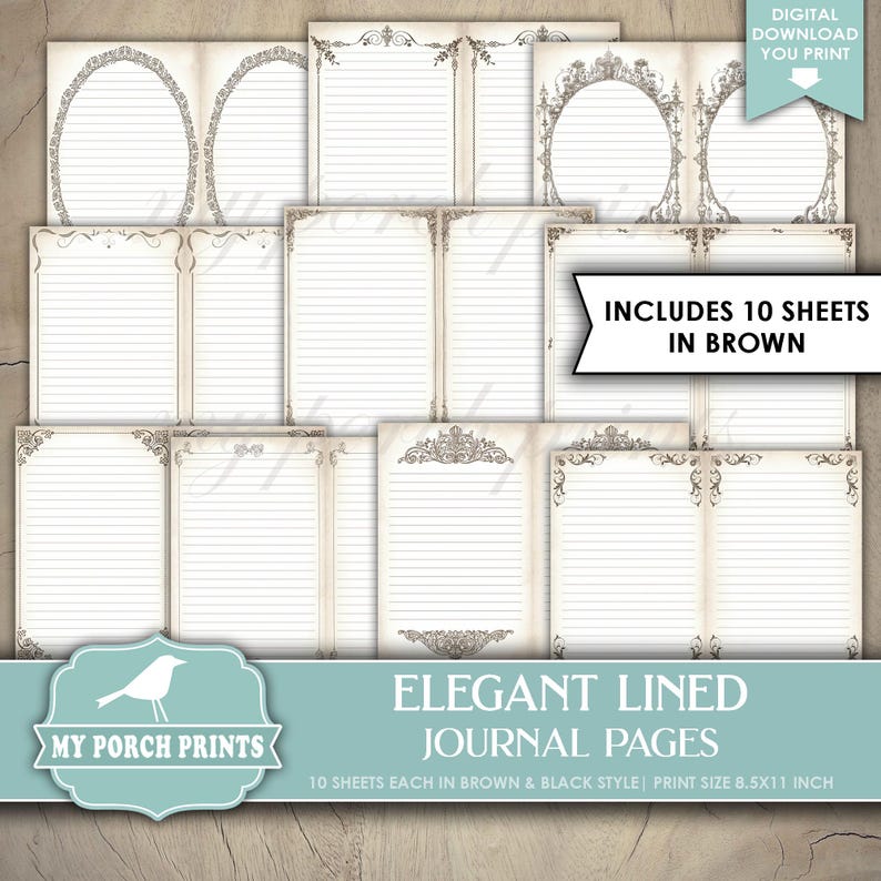Elegant Lined Journal Pages, Junk Journal, Black, Brown, Vintage ...