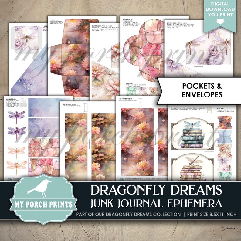 May include: A set of printable digital papers featuring a dragonfly, water lilies, and books. The papers are designed for use in junk journals and are part of the Dragonfly Dreams collection. The print size is 8.5 x 11 inches.