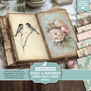 May include: An open journal with vintage-style pages. One page features two birds on a branch, the other a floral design. The journal is part of the "Petals & Parchment" collection, with pages sized 8.5x11 inches. "Digital Download You Print" is also visible.