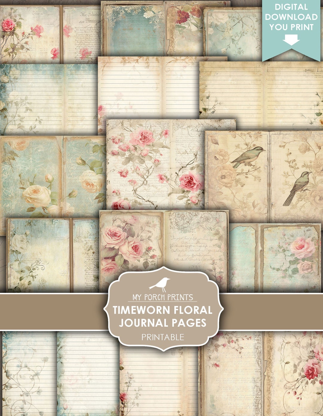 Junk Journal, Pages, Timeworn, Floral, Shabby, Pink, Blue, Papers, Kit