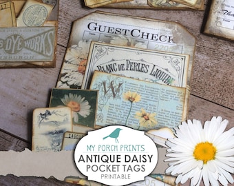 Antique Daisy, Shabby Receipt, Pocket Tags, Loaded Envelope, Junk Journal Kit, Yellow, Printable Ephemera, My Porch Prints, Digital Download