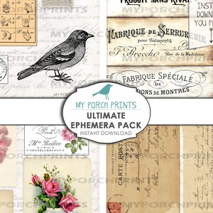 May include: A collage of vintage ephemera featuring a bird illustration, floral elements, and French text. Includes a sign language chart, postcards, and various antique labels. The text "My Porch Prints Ultimate Ephemera Pack" is also visible.