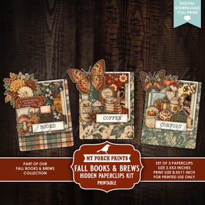 May include: A digital download kit featuring three decorative paperclip designs labeled Books, Coffee, and Comfort. Each design includes autumn-themed illustrations of butterflies, flowers, books, and mugs, with a 2.5 by 3 inch size.
