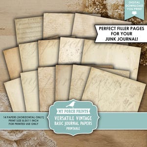 May include: A collection of 14 horizontal vintage-style journal papers featuring beige and cream tones with various textures, including grid patterns, botanical illustrations, and musical notation, with text stating 8.5x11 inch print size.