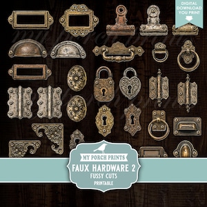 Könnte beinhalten: Eine Sammlung verschiedener Metallbeschläge, darunter Schubladengriffe, Scharniere, Vorhängeschlösser, Schlüssellochabdeckungen und Eckbeschläge mit gealterter Oberfläche. Das Bild enthält den Text MY PORCH PRINTS FAUX HARDWARE 2 FUSSY CUTS PRINTABLE.