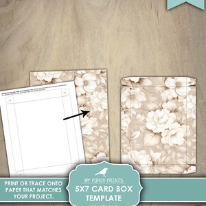 May include: Printable 5x7 card box template featuring a floral design. The template includes a line drawing of the box and instructions to print or trace onto paper that matches your project. The floral paper is from a cosy journal kit, not included.