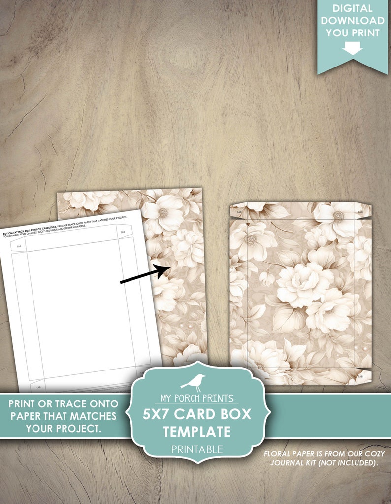May include: Printable 5x7 card box template featuring a floral design. The template includes a line drawing of the box and instructions to print or trace onto paper that matches your project. The floral paper is from a cosy journal kit, not included.