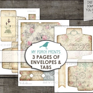 May include: Printable digital download of three pages of vintage-style envelopes and tabs with floral and text designs. The text on the image reads "My Porch Prints 3 Pages of Envelopes & Tabs".