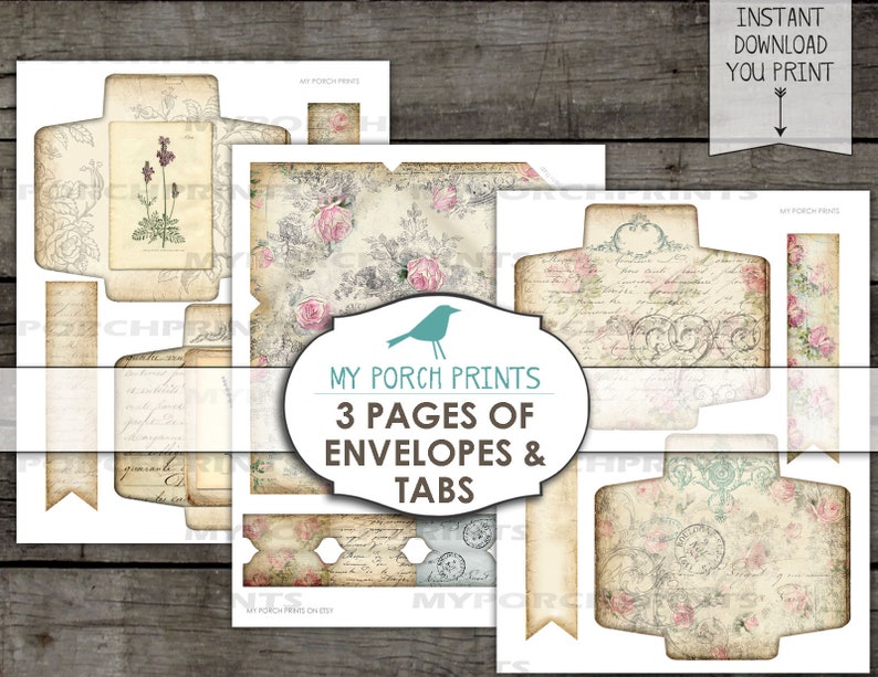 May include: Printable digital download of three pages of vintage-style envelopes and tabs with floral and text designs. The text on the image reads "My Porch Prints 3 Pages of Envelopes & Tabs".