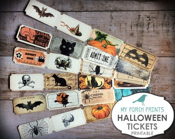 May include: A collection of vintage-style Halloween tickets with various spooky illustrations, including bats, pumpkins, skulls, and black cats. The tickets feature aged paper textures and text like "ADMIT ONE" and "CINEMA FREE PASSES". The image also includes the text "MY PORCH PRINTS HALLOWEEN TICKETS PRINTABLE".